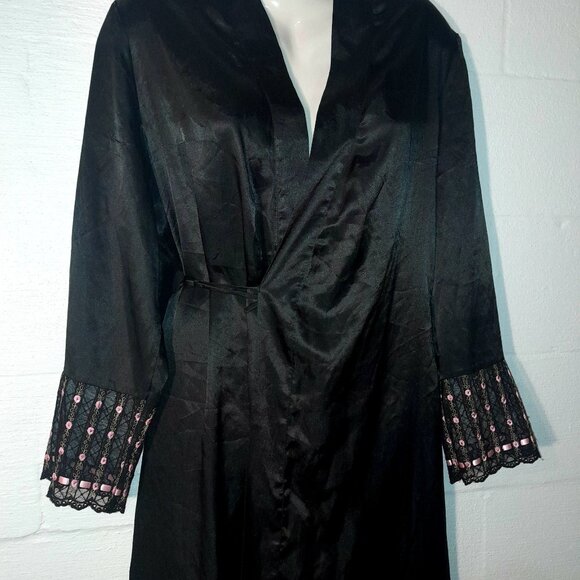 Delicates Women's Black Silky Wrap Robe Lightweight Intimates Rosebud Lace - Picture 3 of 10